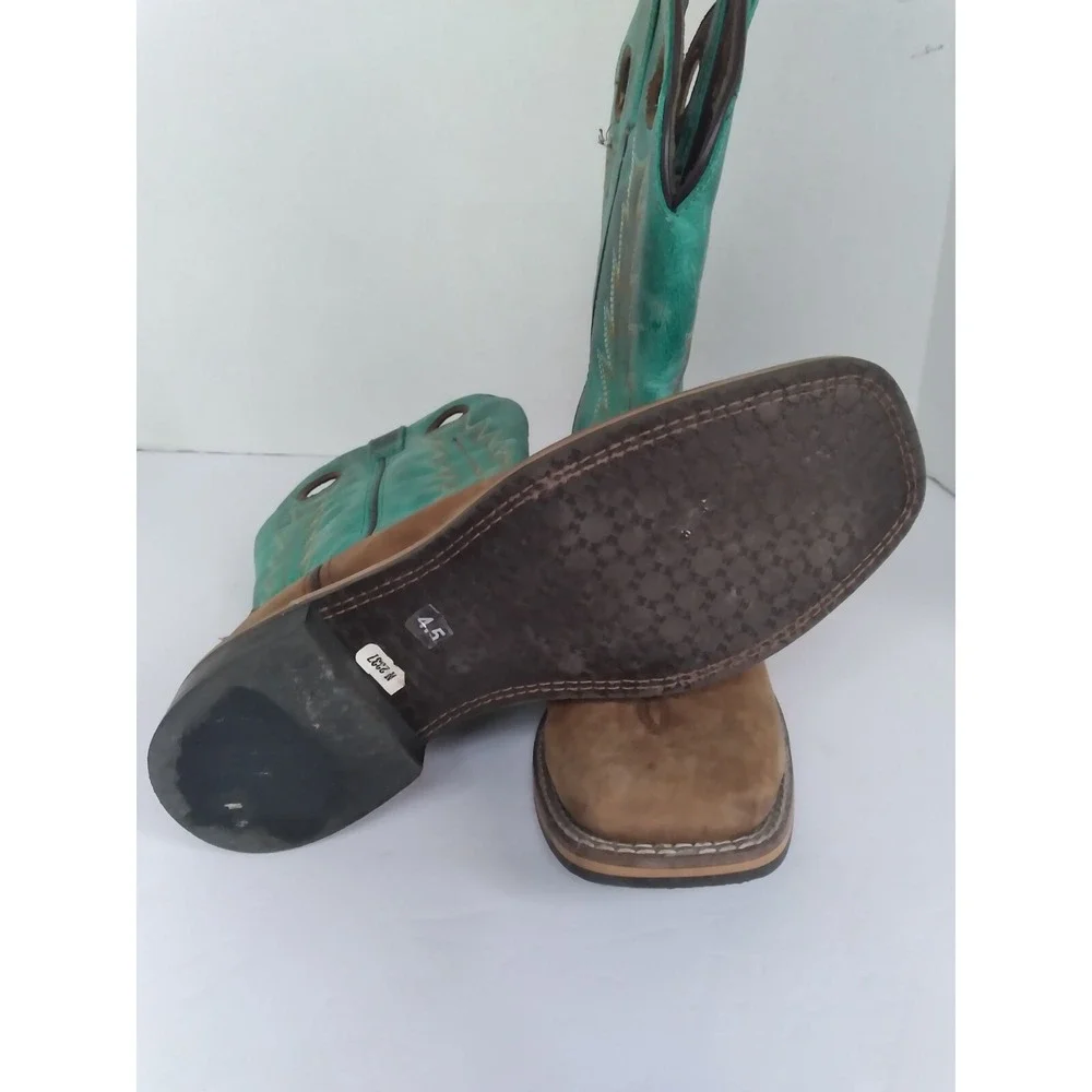 Cowboy Western Boots Square Toe Turquoise Brown‎ Leather Work Boots